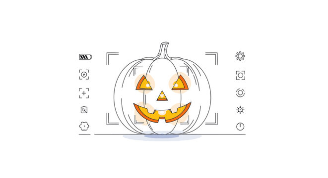 A jack-o-lantern with a carved face and orange triangular eyes and mouth against a white background with graphic design elements.