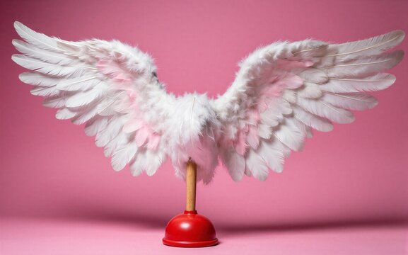 White angel wings atop a red plunger against vibrant pink background.
