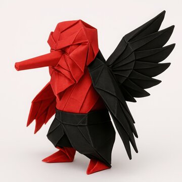 Intricate red and black paper origami tengu figure from japanese mythology on white