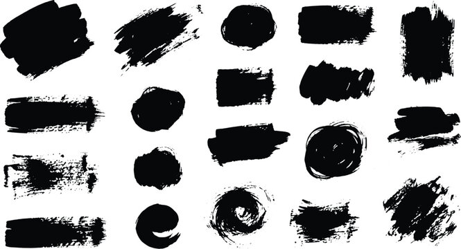 Collection of black brush strokes and shapes on white background for graphic design elements  various textures
