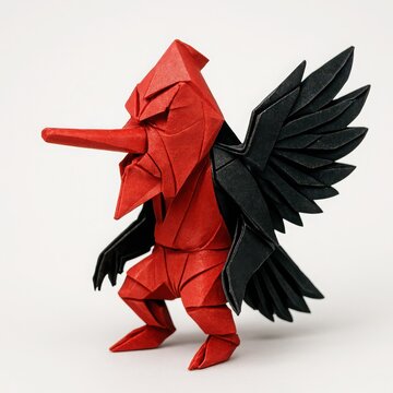Detailed folded paper yokai with long nose and black wings isolated over white