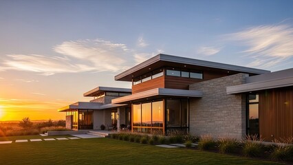 Fototapeta premium A modern house with a large yard and a beautiful sunset in the background