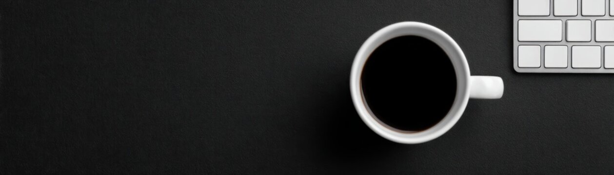 top view black coffee cup wireless computer keyboard clean dark office desk background copy space modern workspace concept