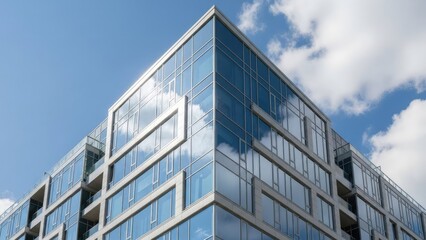 Fototapeta premium A modern glass building stands tall against a clear blue sky
