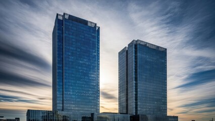 Obraz premium Two modern glass skyscrapers stand tall against a cloudy evening sky