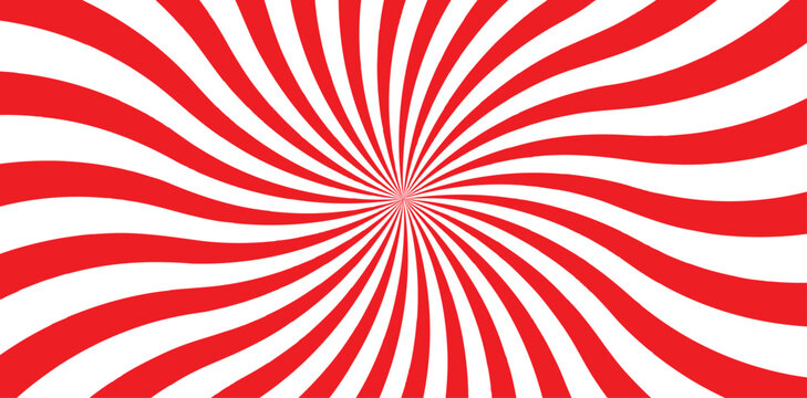 Red and white spiral sunburst background with curved rays