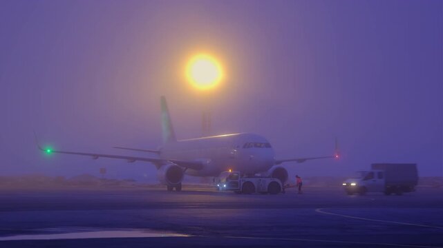 Airplane at night fog evening lantern light airfield runway. Airport terminal maintenance crew aircraft. Preparing for departure takeoff. Safety
