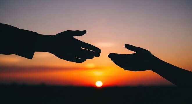 Silhouetted hands reaching towards each other at sunset