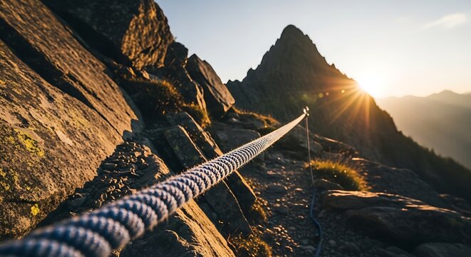 Safety rope on rocky mountain trail during golden sunrise at summit