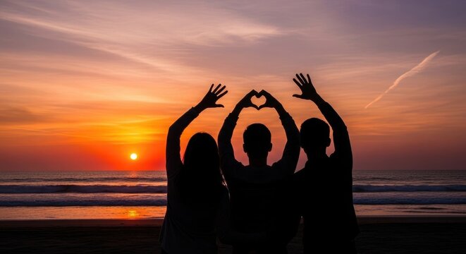 Silhouetted friends forming a heart shape at sunset on the beach