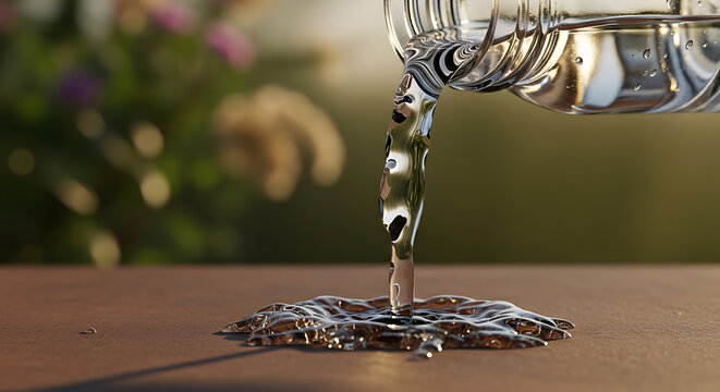 Clear liquid pouring from a shiny metallic bottle onto a textured surface, with water droplets reflecting light and a blurred green garden background