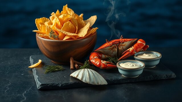 A steaming cooked crab on a slate board paired with creamy dip, a wooden bowl of potato chips and decorative seashells, suggesting coastal dining, comfort food and elegant seafood presentation.