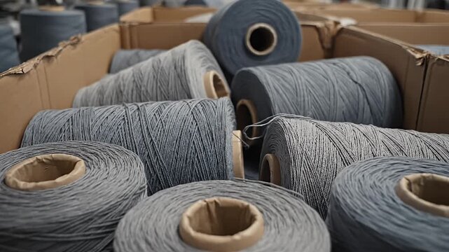 Close up of gray yarn spools in a cardboard box textile production