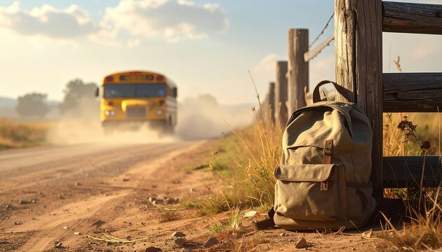 Canvas Student Backpack Leaning on Wooden Fence by Rural Dirt Road with Yellow School Bus Approaching in Golden Hour Sunlight