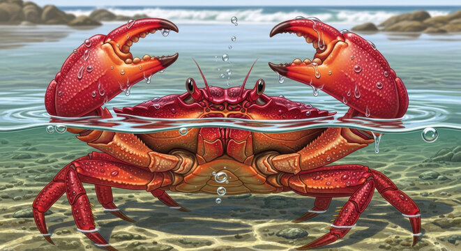 Vibrant pair of red crabs facing each other in an underwater setting