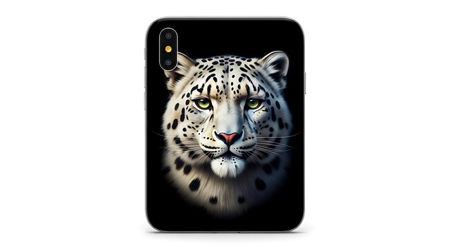 Close up of a majestic snow leopard's face with piercing yellow eyes on a dark background, showcasing its spotted fur and powerful gaze, nature's wild beauty
