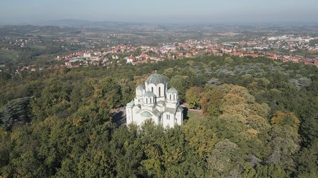 Aerial perspective of the St. George's Church, white marble Orthodox church located in Oplenac, Serbia.
