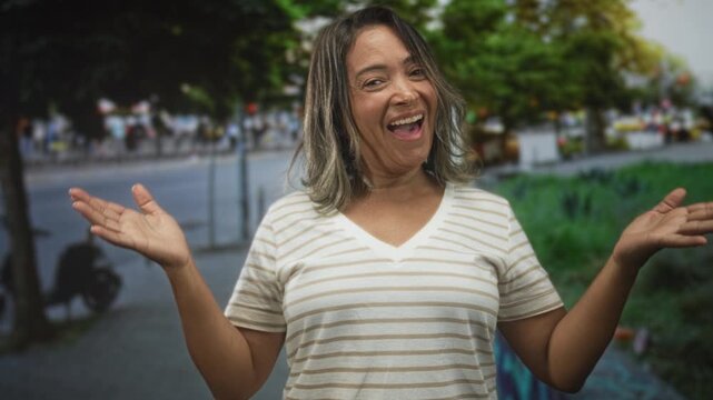Hispanic middleaged woman with hands open in a shrugging gesture, smiling on a lively street wearing a striped shirt; joyful ease.