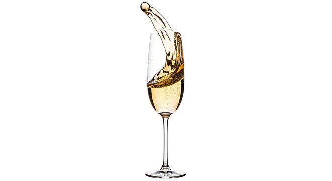 Champagne flute with splashing golden liquid, dynamic beverage splash in elegant glassware, celebration and effervescence