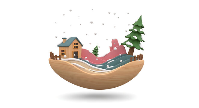 Charming isometric winter landscape with a cozy wooden house, pine tree, and gentle snowfall, perfect for holiday or seasonal themes
