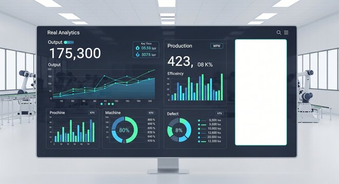 Factory dashboard displaying real time production analytics output data machine efficiency and defect rates