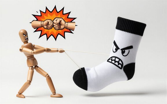Wooden figure fights angry sock with cartoon fists exploding in rage.