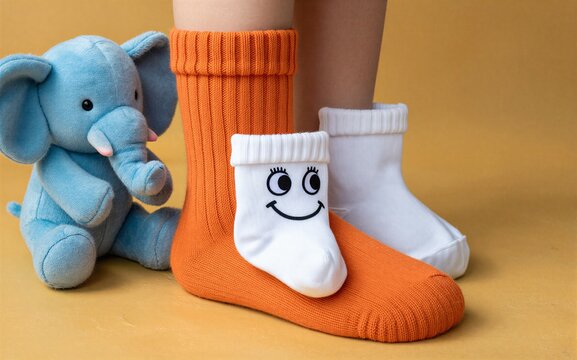 Blue elephant toy beside orange sock and smiling white sock on warm