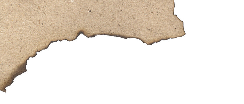 Brown kraft paper corner piece charred edge burnt isolated white background grunge texture design