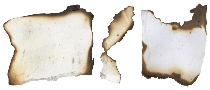 Burnt white paper piece set three varying size brown edge scorch isolated white background