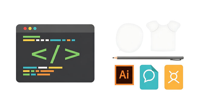 Coding and design elements, programming window with code symbols, blank t-shirt and circle for mockup, pencil, Adobe Illustrator icon, chat bubble, and abstract shape