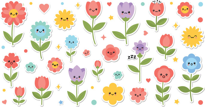 Cute Floral Character Pattern with Smiling Flowers Hearts and Stars in Colorful Cartoon Style for Kids Design, Stickers, and Creative Projects.