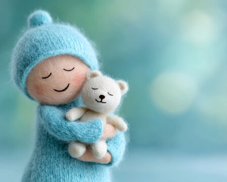 Cuddle and Comfort: A tender figure of a child, swathed in cozy embrace with a beloved teddy bear, evoking feelings of warmth and serenity, nestled against a soft-focus backdrop.