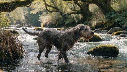 Fototapeta premium Shaggy Otterhound dog wading through a wild river in a forest, its natural hunting habitat.