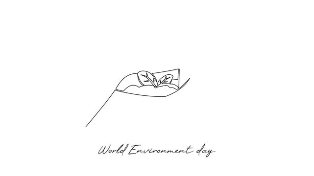 Caring Hands Protecting Small Growing Tree. World Environment day Concept. Single line draw design Video 4k. Footage graphic illustration