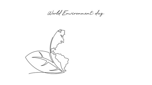 Earth With Leaves Nature Protection. World Environment day Concept. Single line draw design Video 4k. Footage graphic illustration