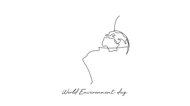 Hand Holding Small Growing Planet. World Environment day Concept. Single line draw design Video 4k. Footage graphic illustration