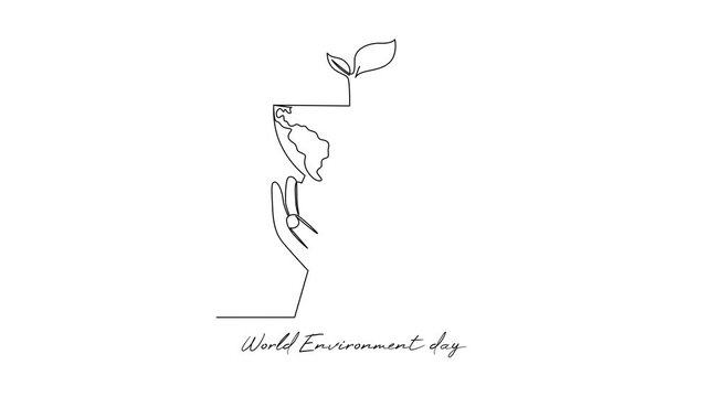 Hands Holding Planet With Small Plant. World Environment day Concept. Single line draw design Video 4k. Footage graphic illustration