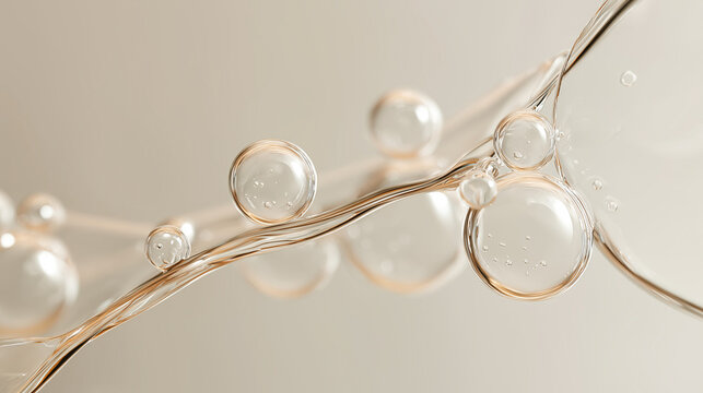 minimal abstract liquid composition of transparent oil bubbles and golden fluid splashes, luxurious champagne-colored water droplets floating in mid-air, elegant skincare serum texture 