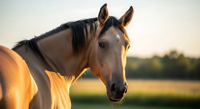 Golden hour portrait of a buckskin horse in a field