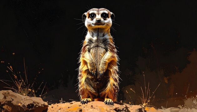 Alert meerkat standing guard on a rocky outcrop against dark background.