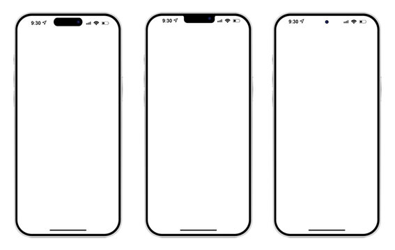 Set of professional iphone vector mockups with dynamic island, notch, and punch-hole designs. Ideal for minimalist UI/UX mobile app presentations and web design layouts. Fully editable icons