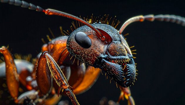 Extreme close-up of an ants head showcasing intricate details and textures.