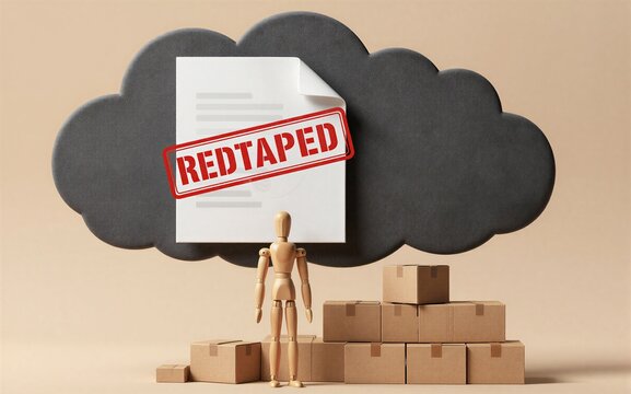 Wooden figure stands before cloud with "REDTAPED" stamp surrounded by