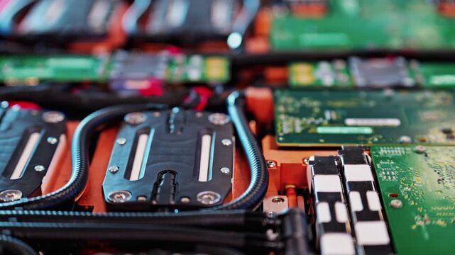 Industrial internal circuitry of high capacity electric vehicle battery pack with cooling systems.