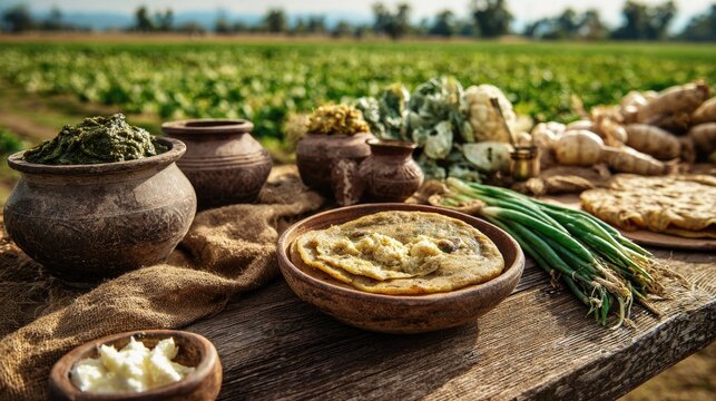 Punjabi countryside harvest table set outdoors makki roti, white butter, mustard saag, earthen pots, fresh spring onions and green chillies on a rustic wooden surface, 