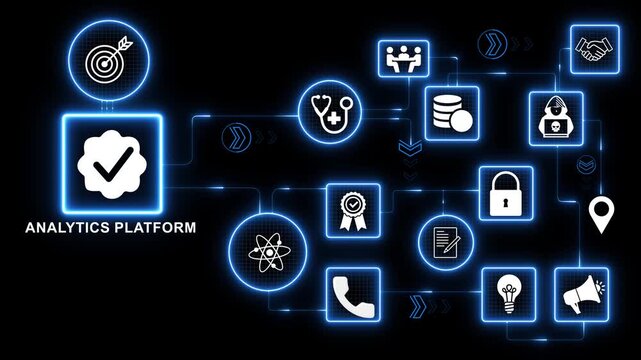 Analytics platform technology icons network with data processing dashboard icon illustrating business intelligence system and performance analysis interface motion graphics 4K black background visual