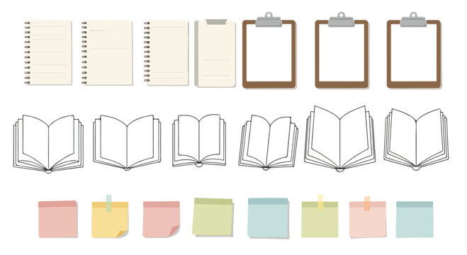 An organized collection of essential stationery items including blank paper sheets, clipboards, open books, and colorful sticky notes.