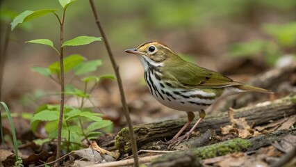 Fototapeta premium Alert Ovenbird (Seiurus aurocapilla) foraging among leaf litter on the shaded forest floor in its natural woodland habitat.