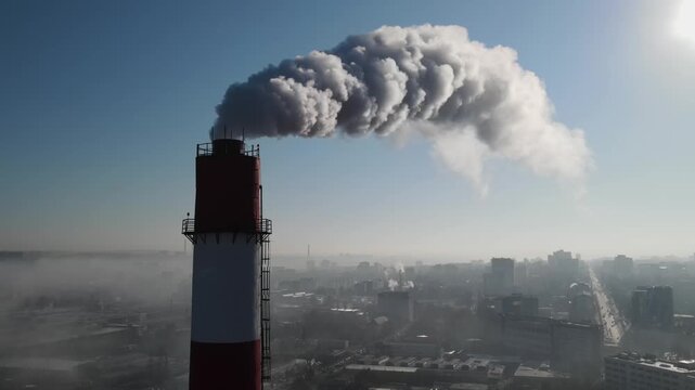 Industrial smoke stack emissions polluting city air on sunny winter day with bright sun and hazy sky.