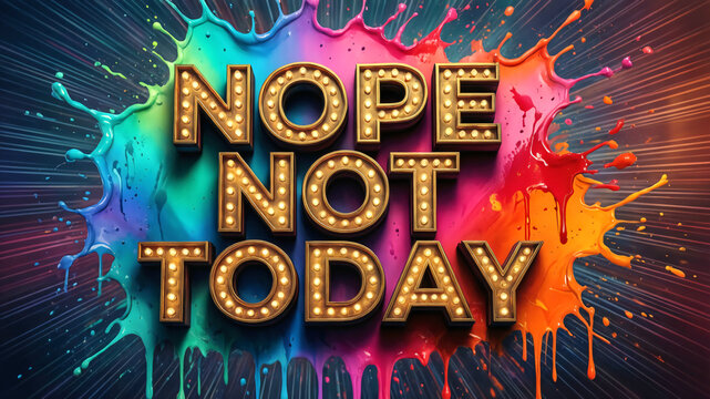 A vibrant digital graphic featuring the phrase "NOPE NOT TODAY" in gold marquee-style 3D lettering with glowing lightbulbs, set against a colorful, explosive paint splatter background.